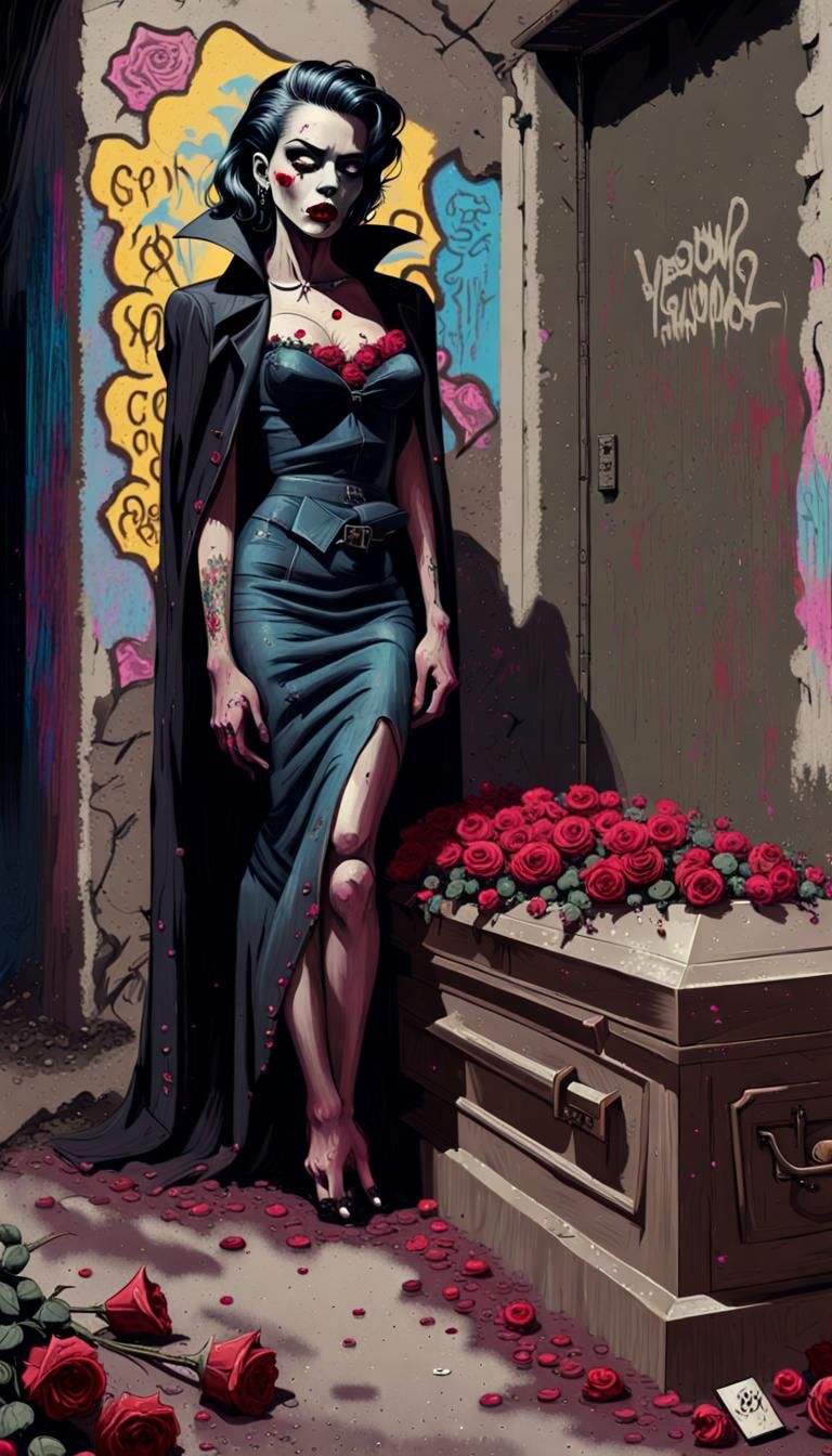 Retro Vampire Pinup with Roses in Street Art Style
