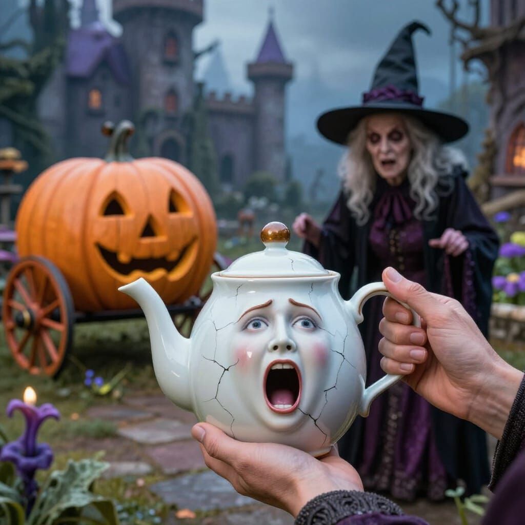 Terrified Porcelain Teapot Screams in Witch's Grasp
