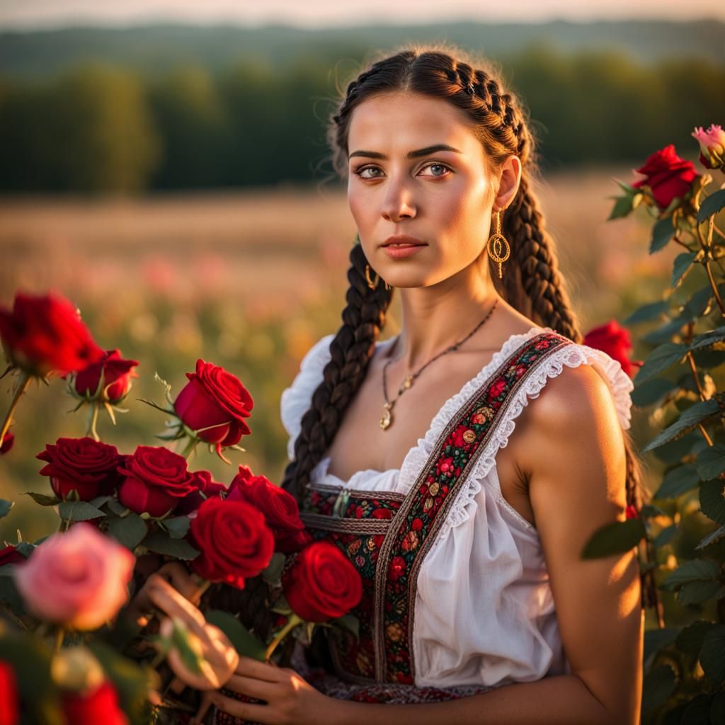 Bulgarian young woman, very beautiful, dark hair, braids, sh...