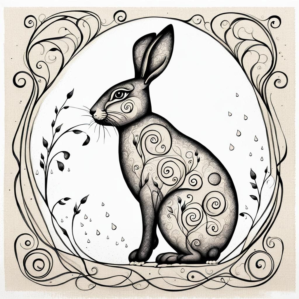 Elegant Ink Drawing of Rabbit in Spring Rain