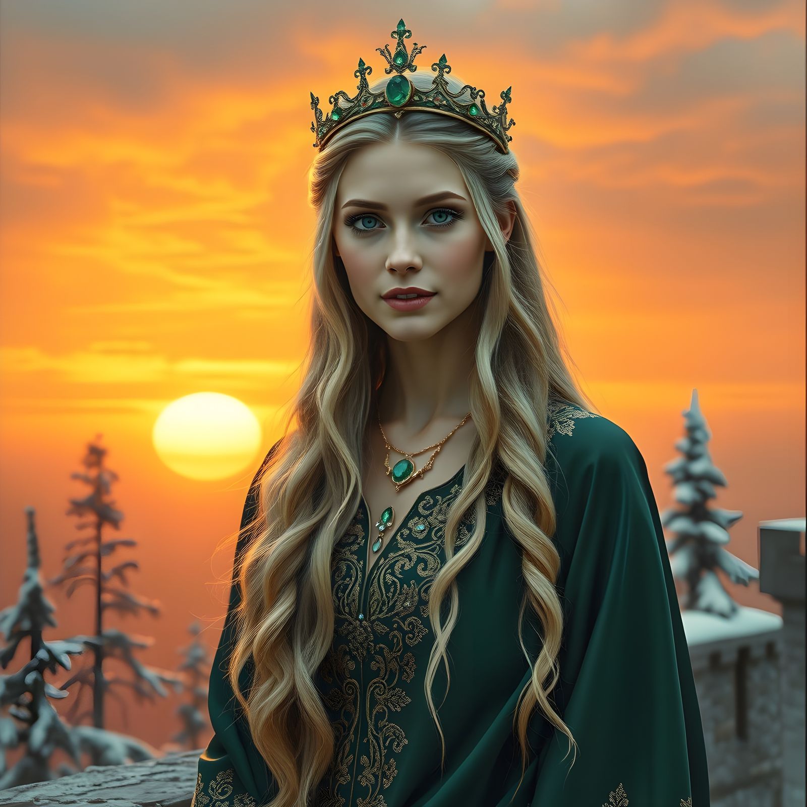 Norse Goddess in Emeralds: Hyperrealistic Oil Painting
