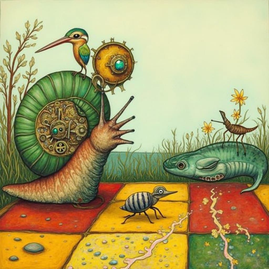 Steampunk Snail and Kingfisher in Matisse Dürer Style