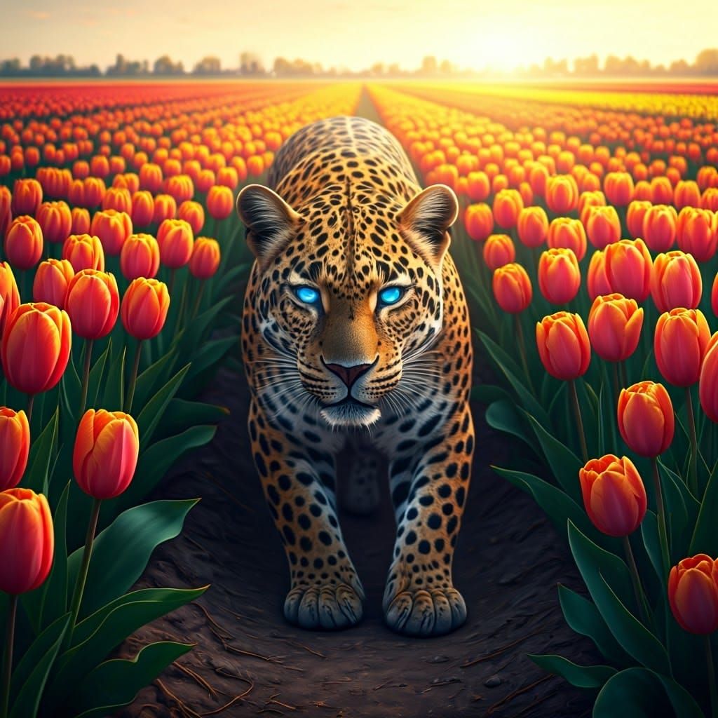 Panther in Tulip Field at Golden Hour
