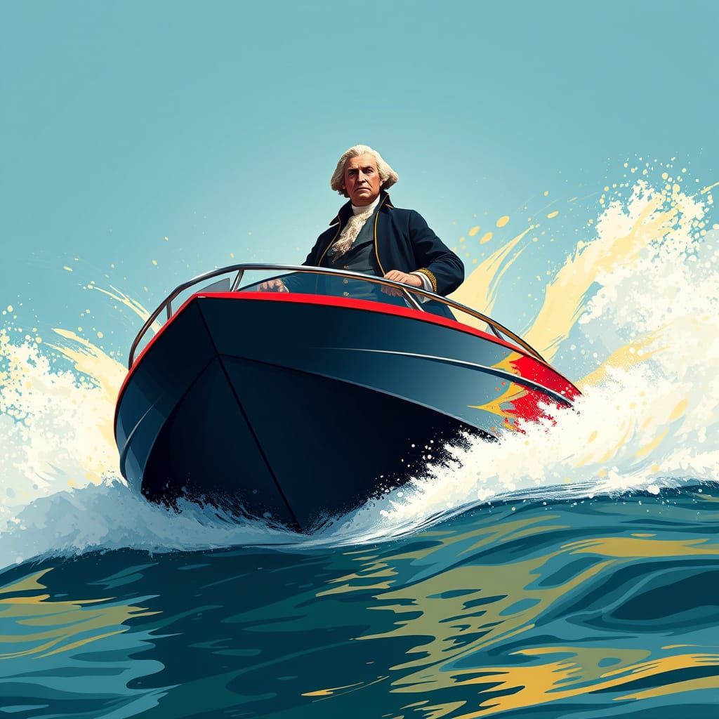 Hyper-Realistic George Washington in Modern Motorboat