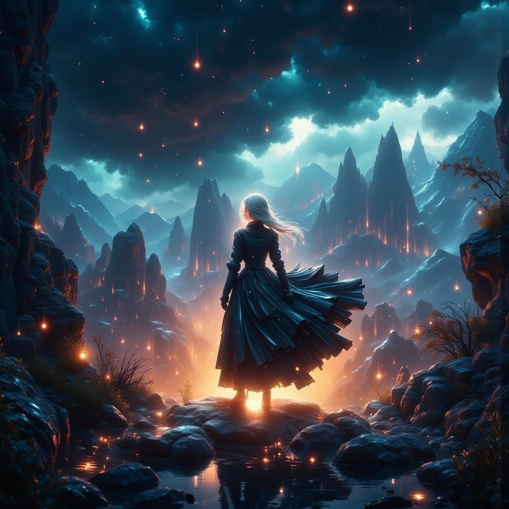 Mystical Escape: Woman on Cliff in Digital Painting