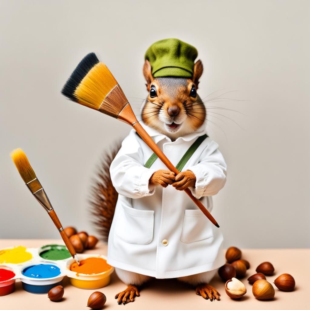 Adorable Squirrel Artist Paints Acorn Still Life