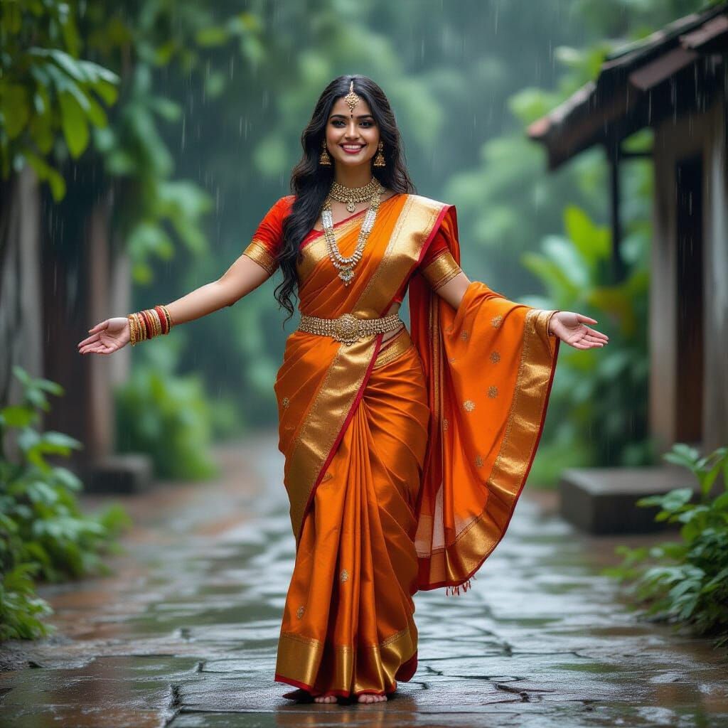 Joyful Woman in Orange Sari Dancing in Rain