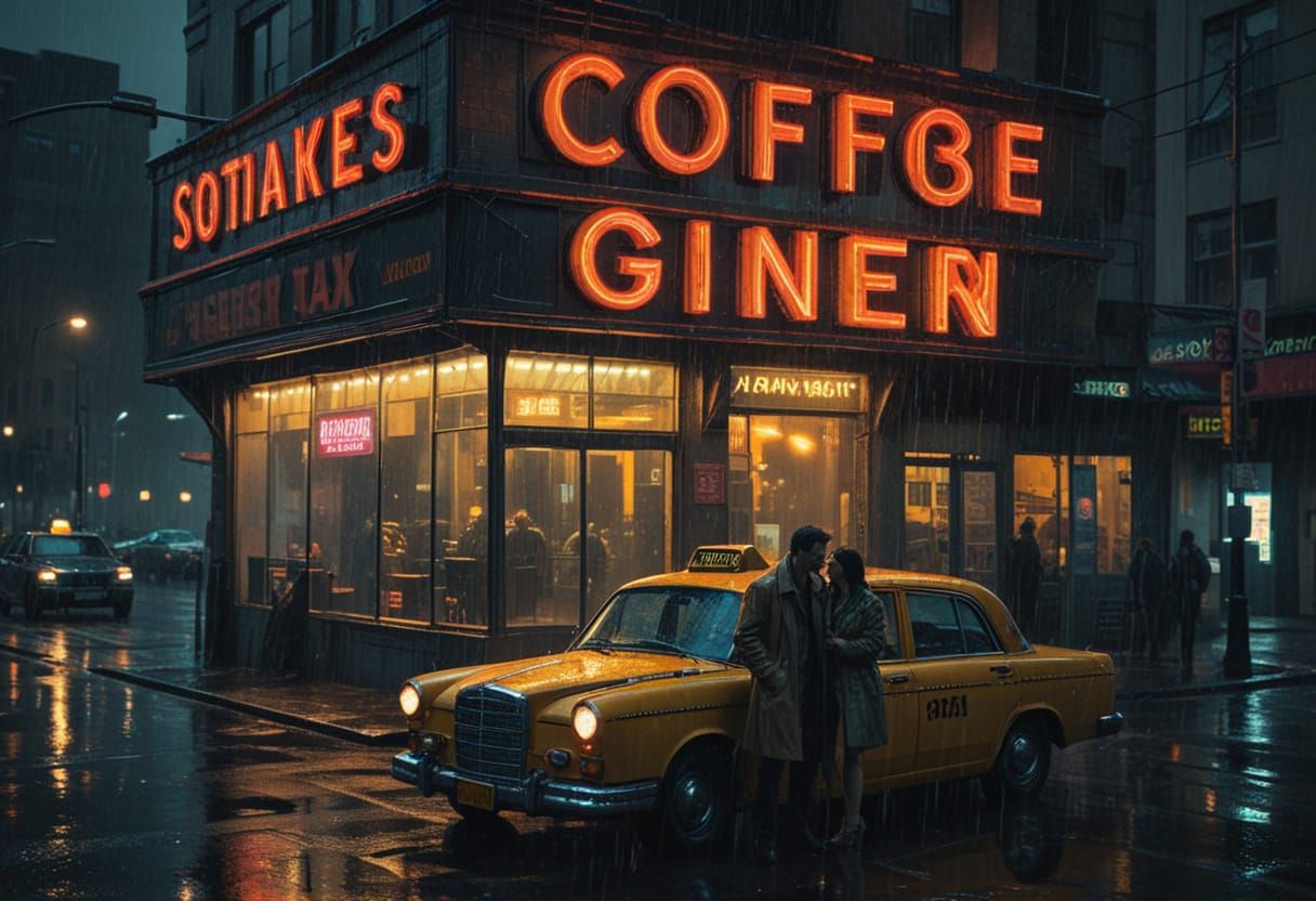 Neon Noir: A Taxi Rendezvous in Graphic Novel Style