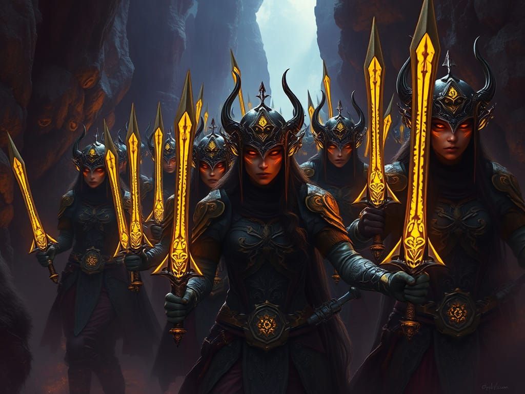 Dark Heathen Warrior Women in a Mystical Canyon Battlefield