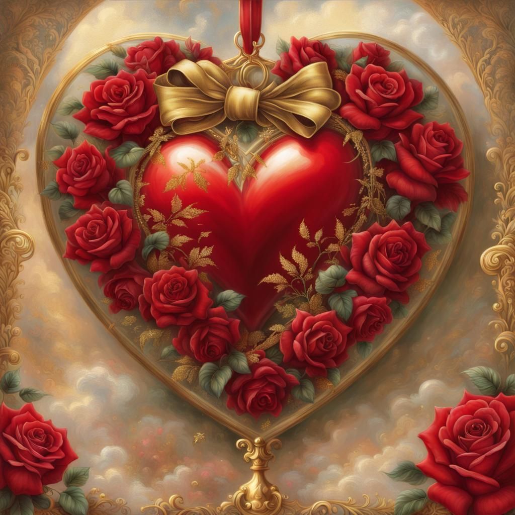 Glittering Red Heart in Roses, Ethereal Fantasy Art