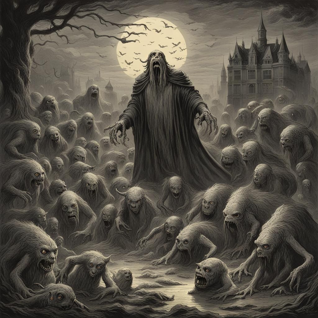 Monstrous Ghosts Haunt a Book, Horror Illustration