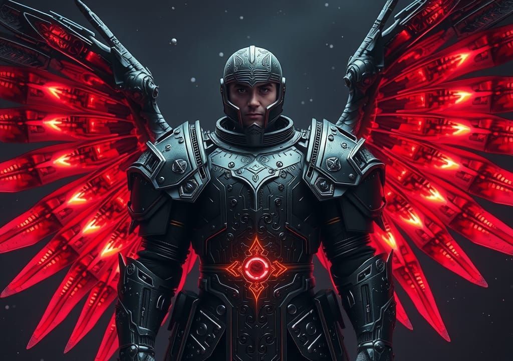 Mecha Paladin with Gothic Wings in Sci-Fi Battle
