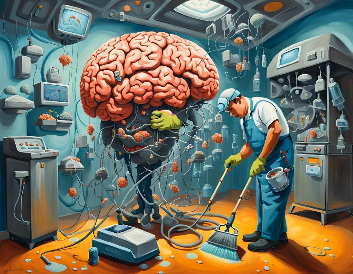 Whimsical Janitor Cleans Giant Brain in Oil Painting