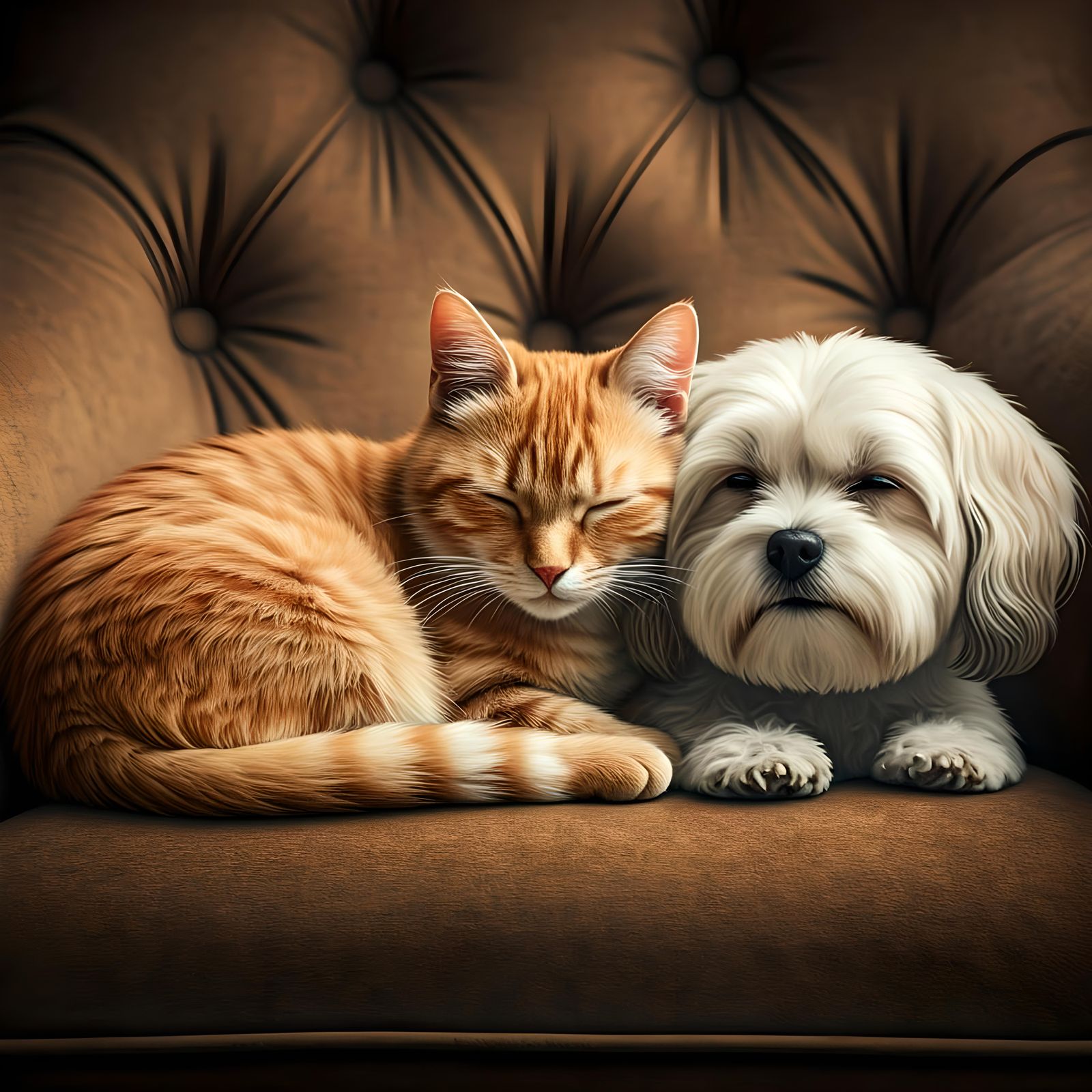 Orange Cat and Dog Snuggling: Photorealistic Film Still