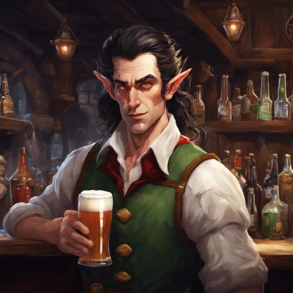 Brooding Elf Bartender in Fantasy Tavern Portrait