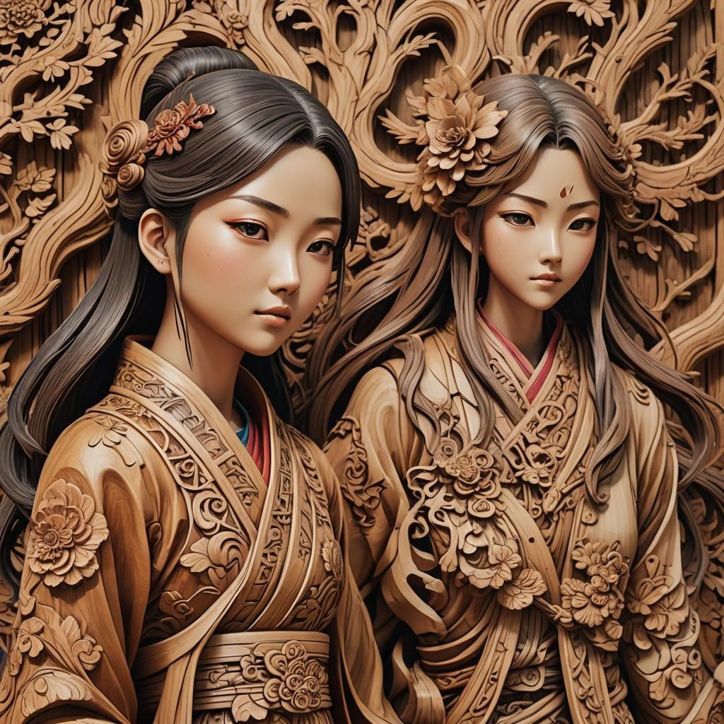 Dongyang Wood Carving Couple in Anime Style