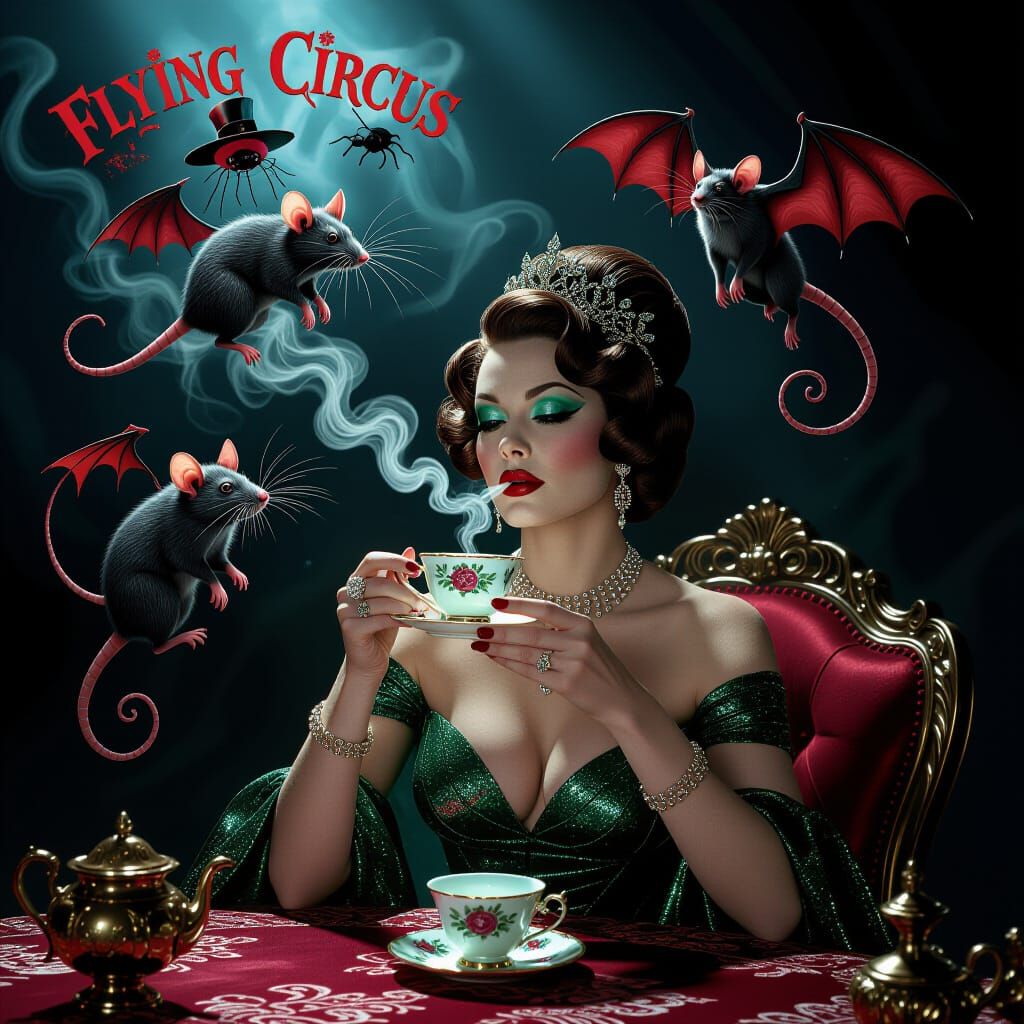 Diva Sips Coffee Amidst Monty Python's Flying Circus