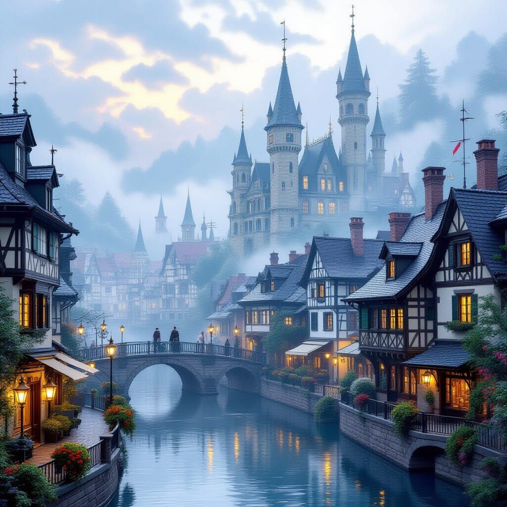 Ethereal Fantasy Cityscape with Mist