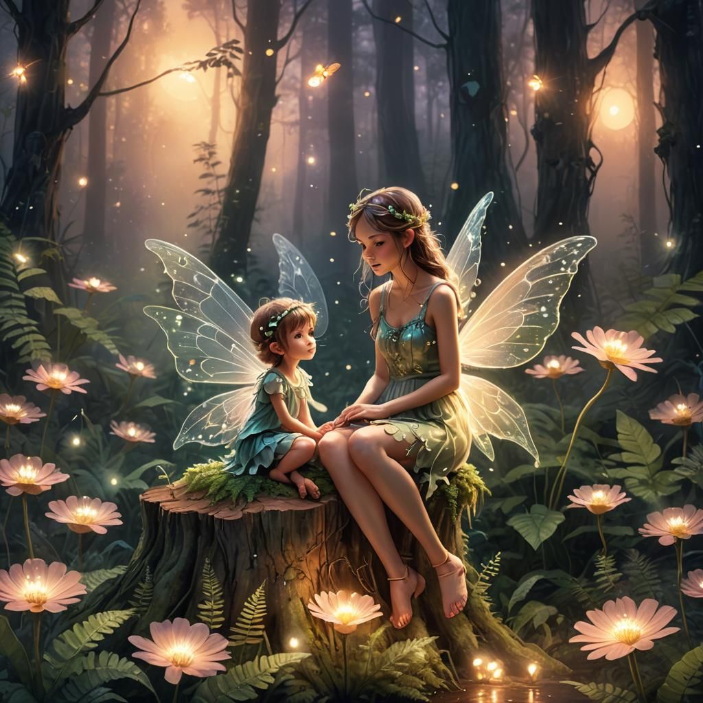 Enchanting Fairy Scene with Fern Flower and Fireflies