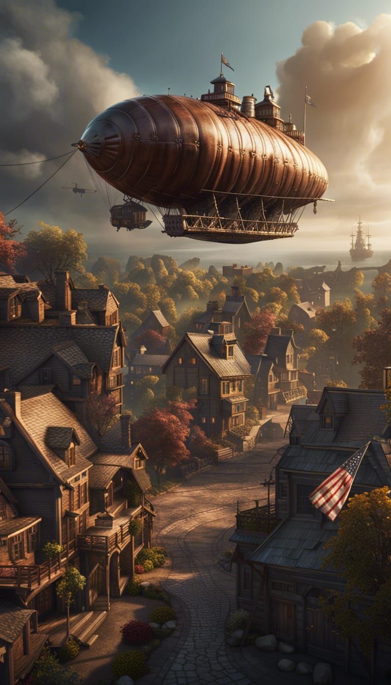 Airship Over American Town in Matte Painting Style