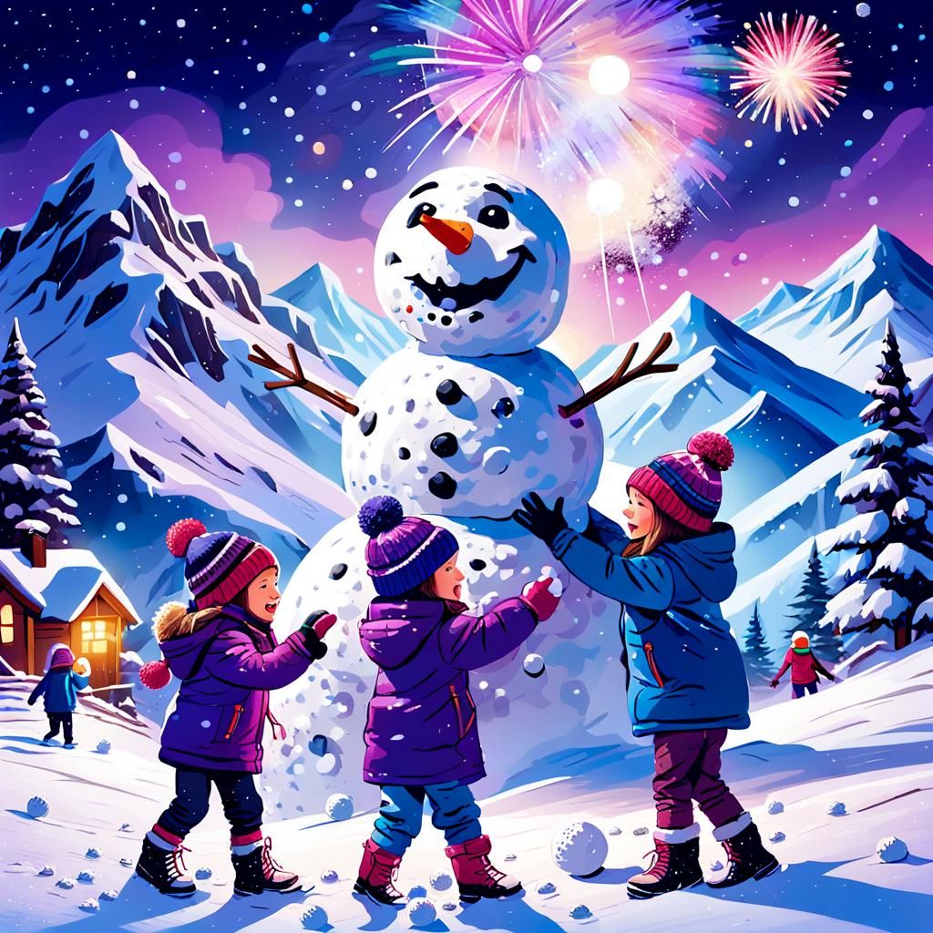 Children Building Snowman Under Fireworks, Winter Wonderland