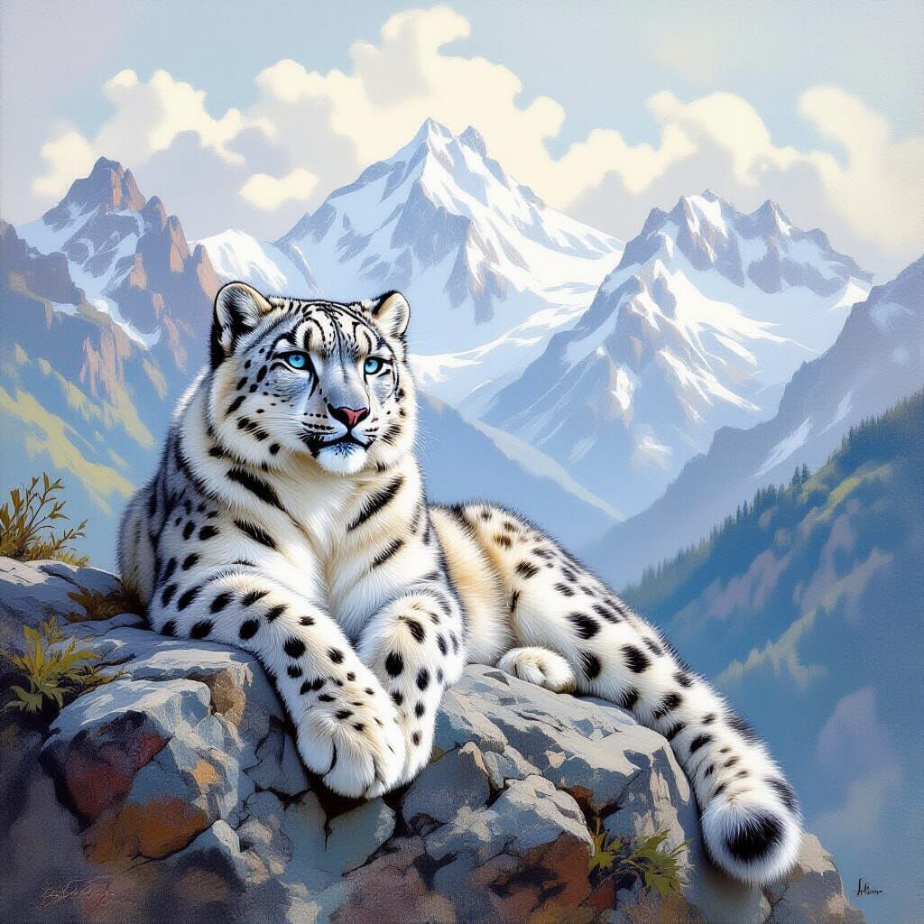 Regal Snow Leopard in Mountain Landscape, Classic Wildlife A...