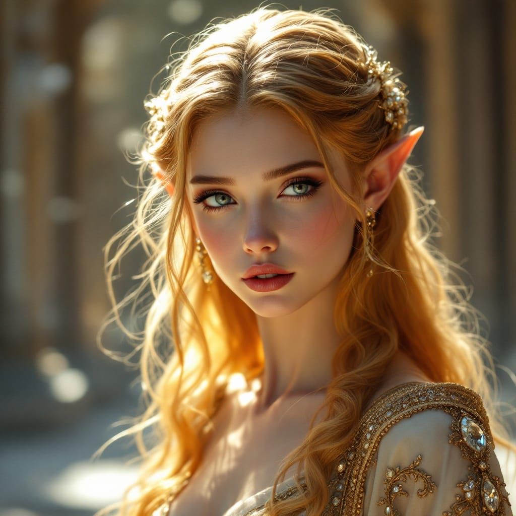 Ethereal Elf Maiden in Palace Courtyard