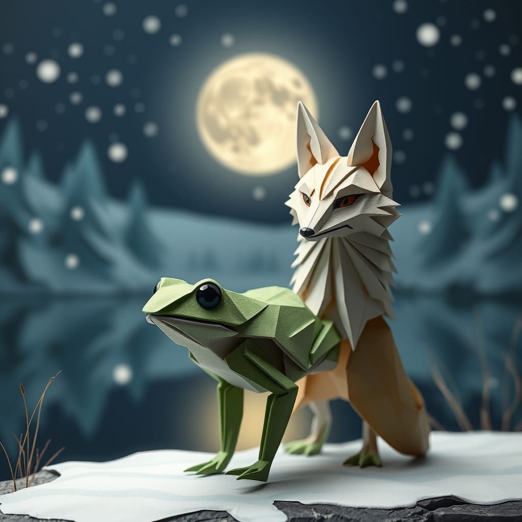 Surreal Origami Arctic Fox Under Snowy Moonlight