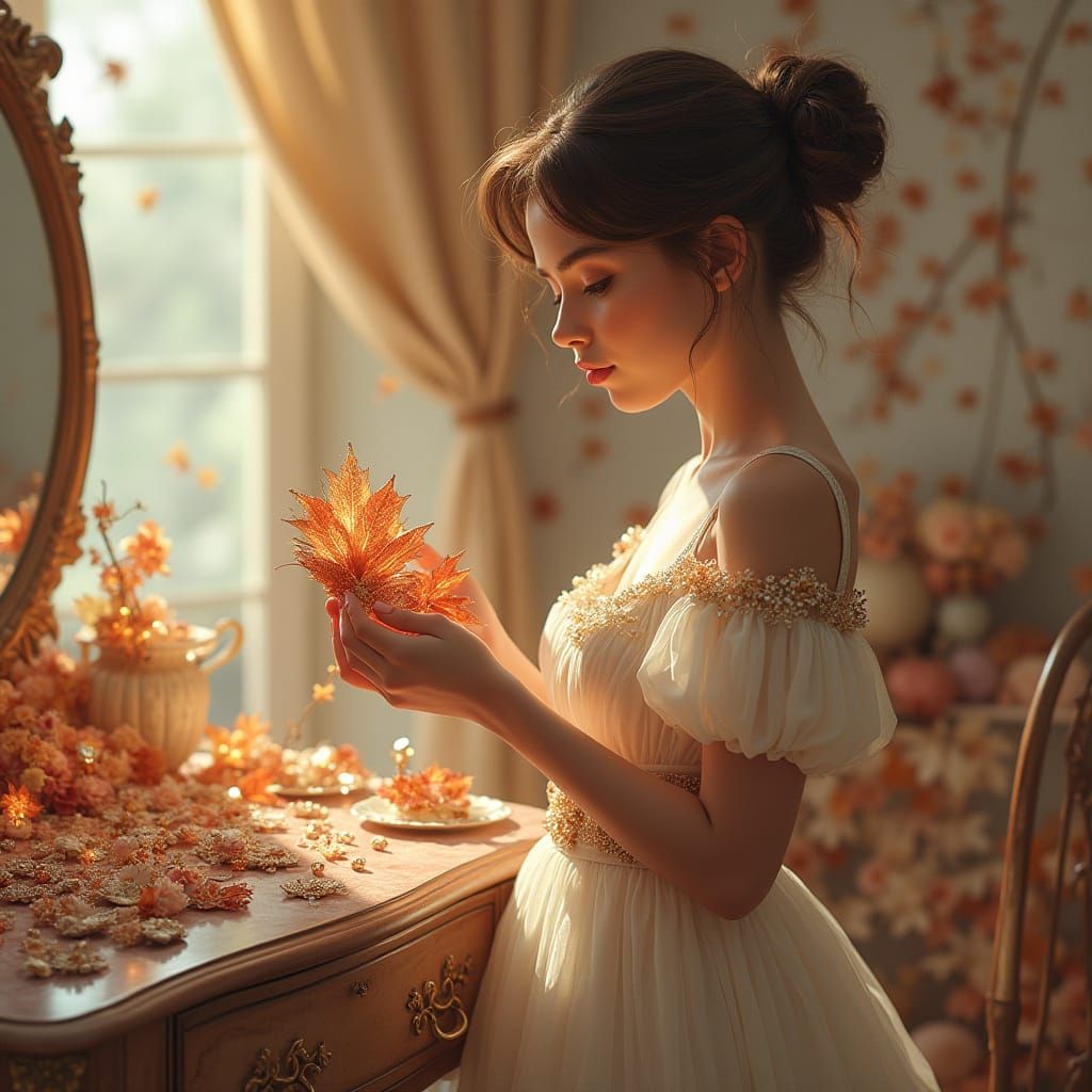 Elegant Woman Admires Autumn Brooch with Gemstone Droplets