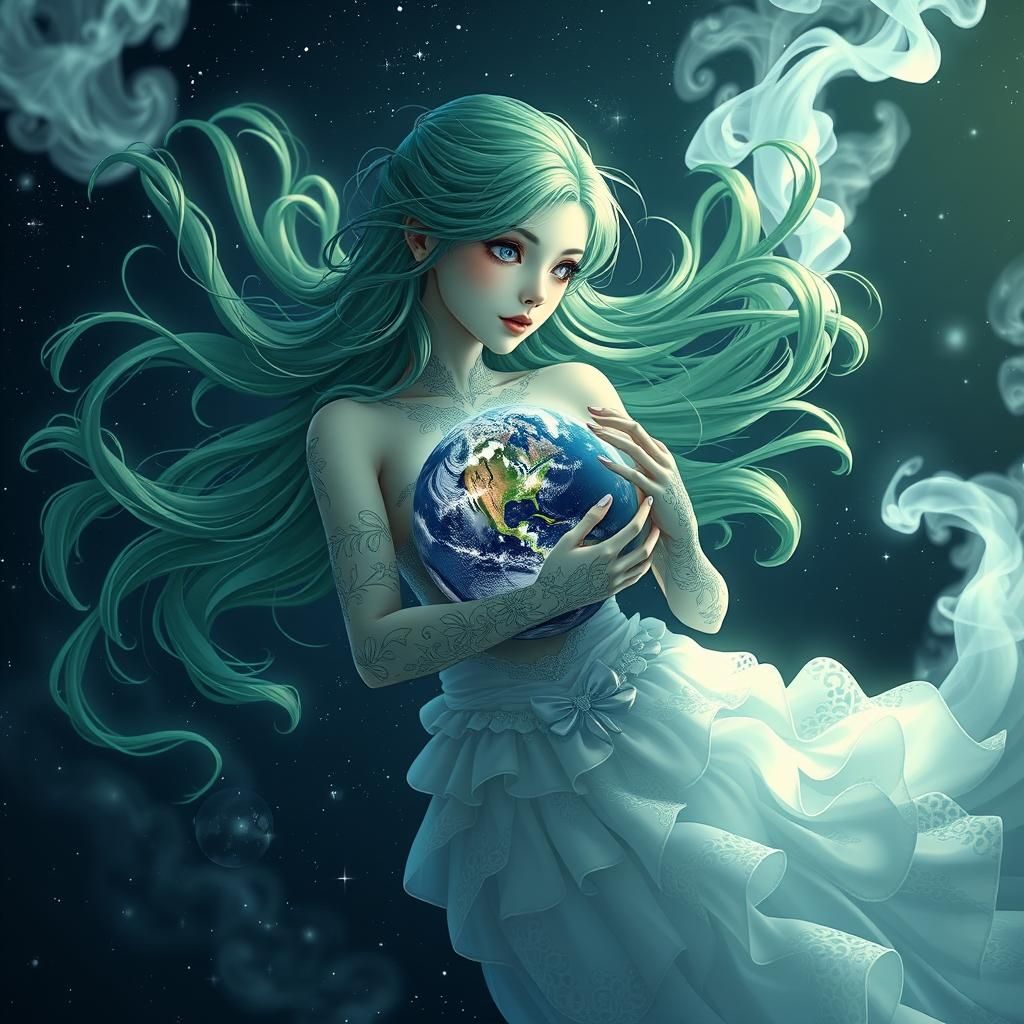 Celestial Woman Embracing Earth: 3D Anime Art