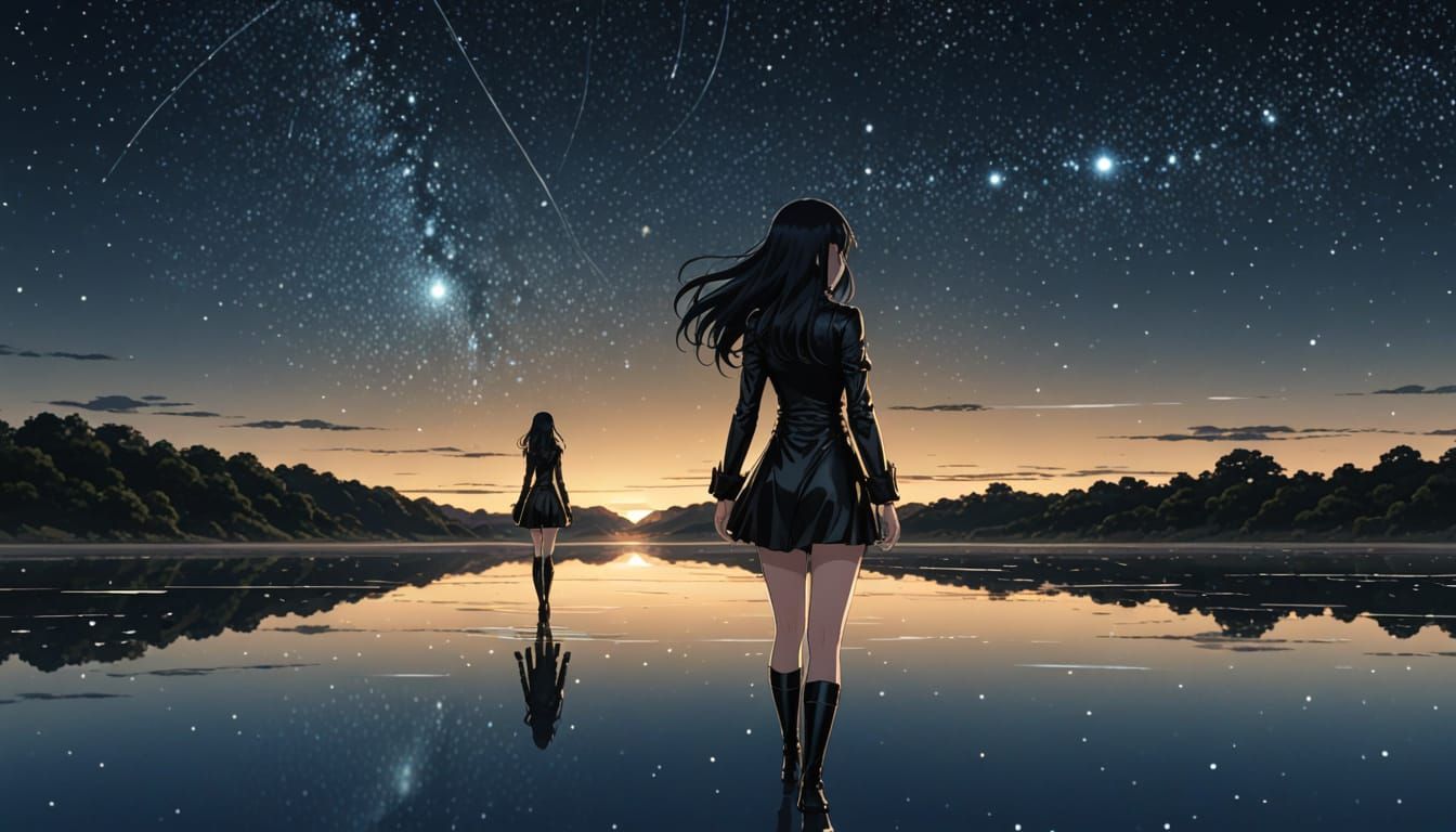 Anime Style Figure Walking on Water Under Stars