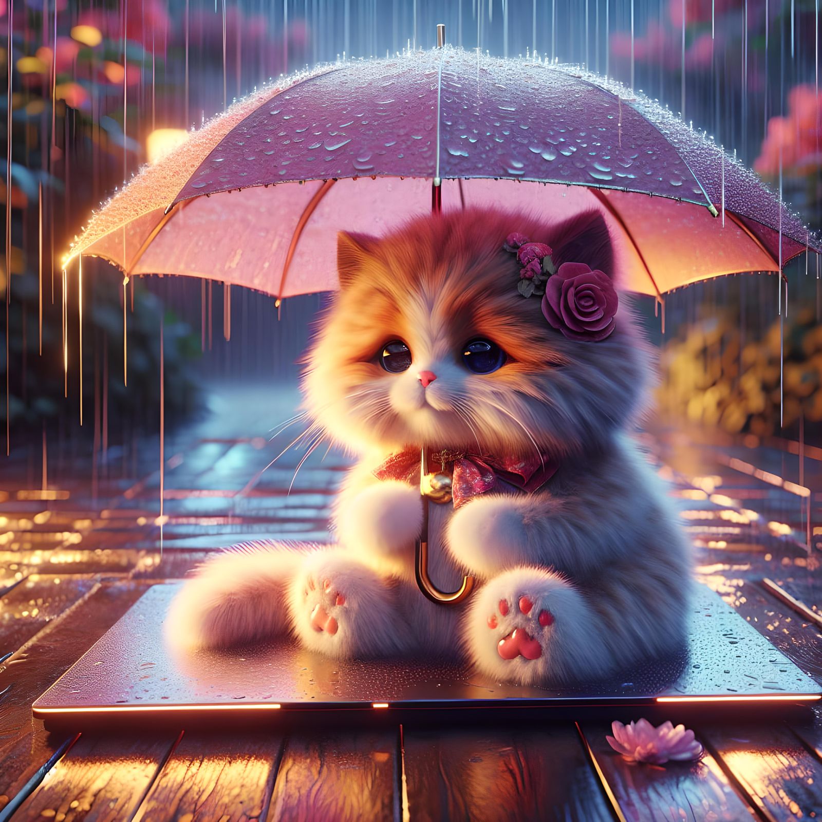 Fluffy Cat Under Umbrella: Fantasy Concept Art