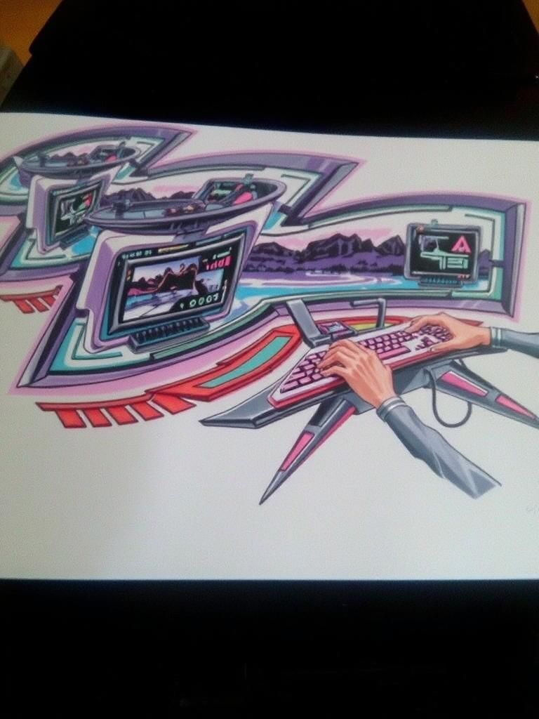 Cyberpunk Woman at Neon Desk, Futuristic Art