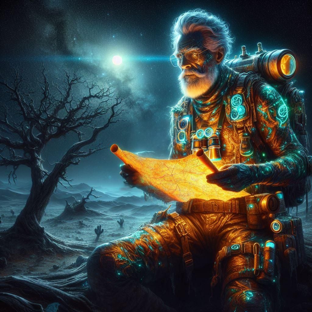 Iridescent Moon Scout in Trash-Punk Desert, Digital Art