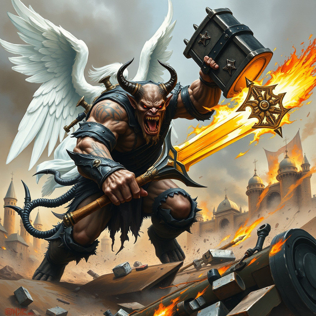 Epic Battle: Orc vs Angel in Expressive Watercolor