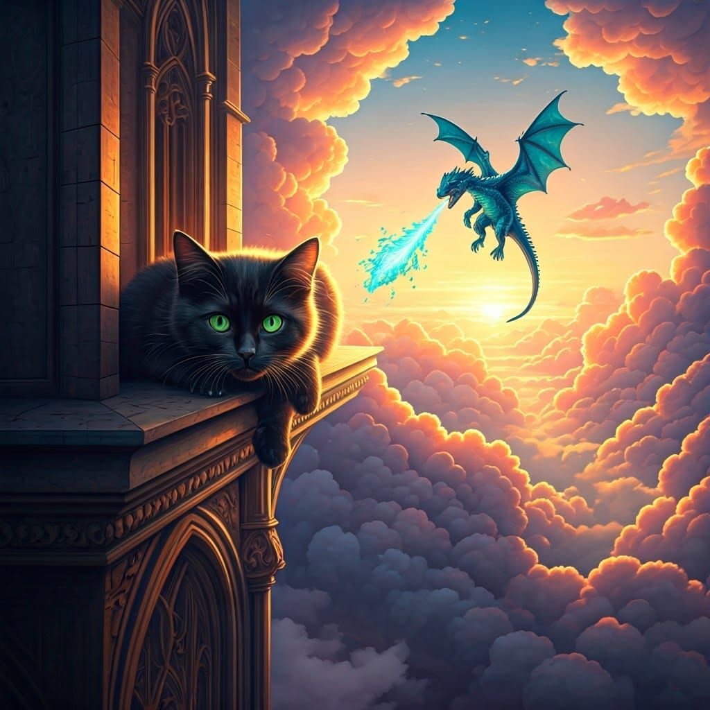 Black Cat and Dragon on Castle Ledge