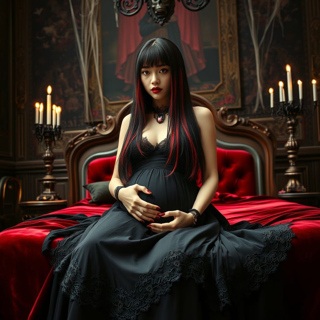 Gothic Pregnant Woman in Victorian Dress, Halloween Mansion