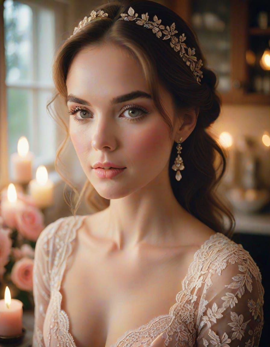 Elegant Woman in Kitchen with Candlelight
