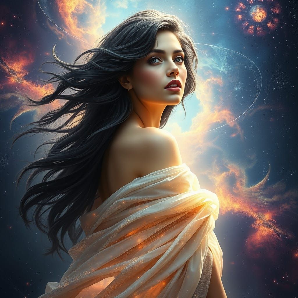 Celestial Goddess in Stardust Gown, Cosmic Background