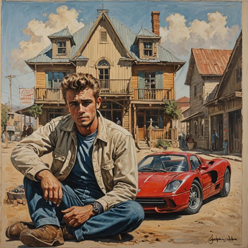 James Dean and His Car as Oil Painting