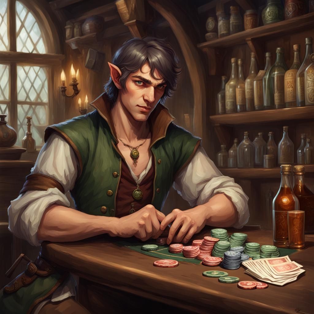 Half-Elf Gambler in Tavern Digital Portrait