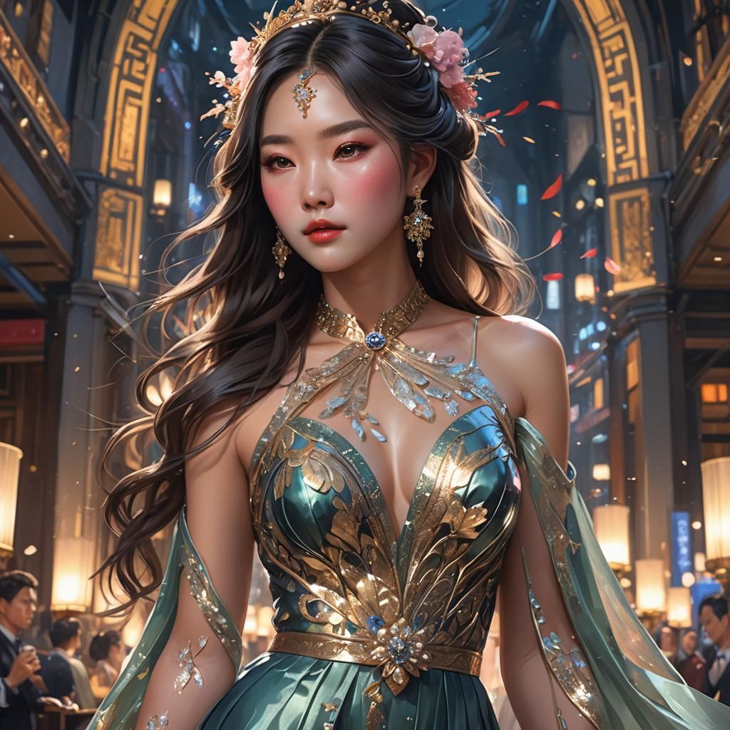 Glamorous Korean Girl Portrait, Hyperdetailed Concept Art