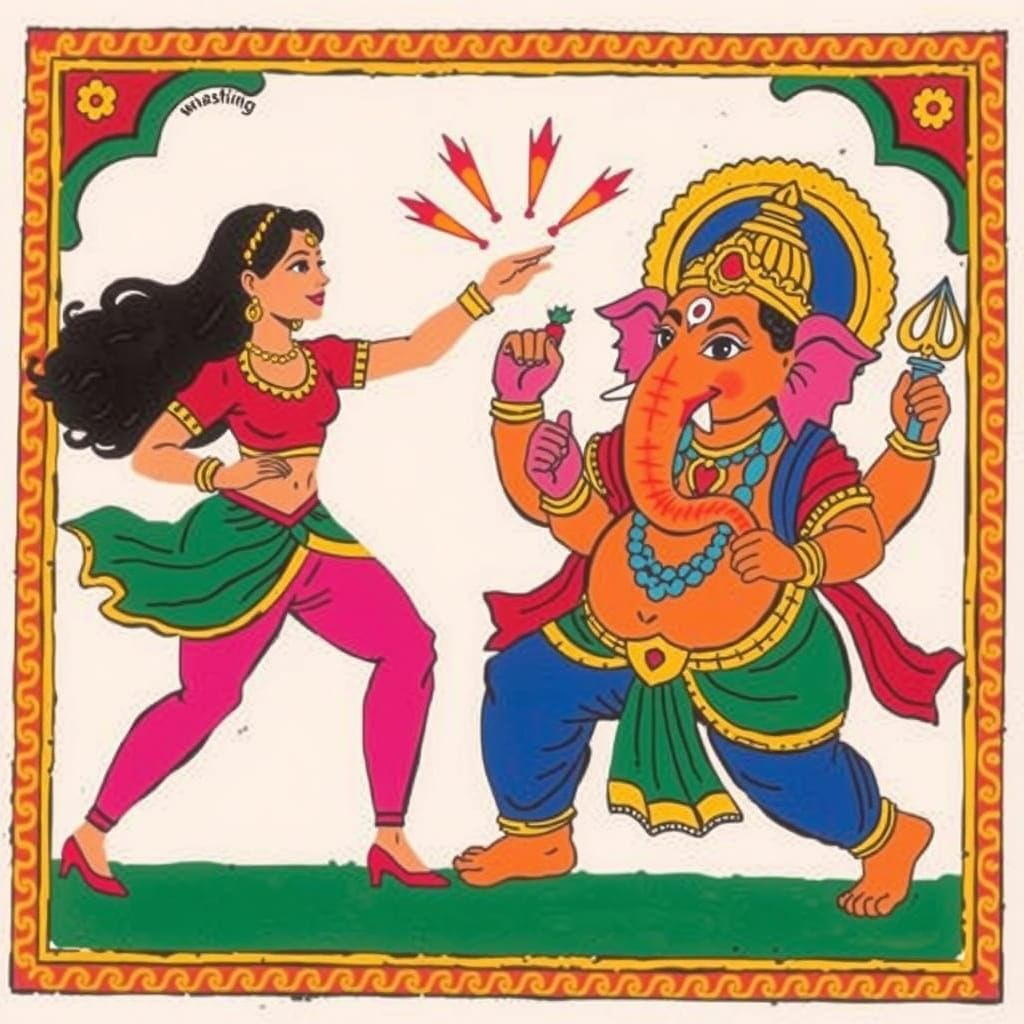 Madhubani Painting of Barbie Battling Ganesha