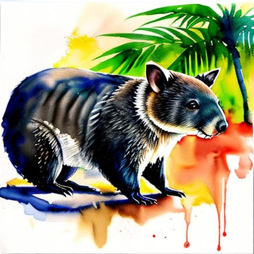 Burnt Orange Wombat with Palm Trees in Watercolor