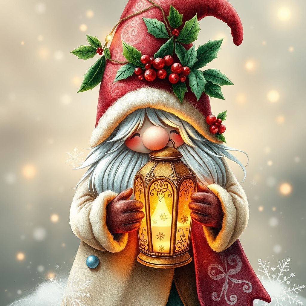 Whimsical Christmas Gnome with Lantern, Cosmic Art