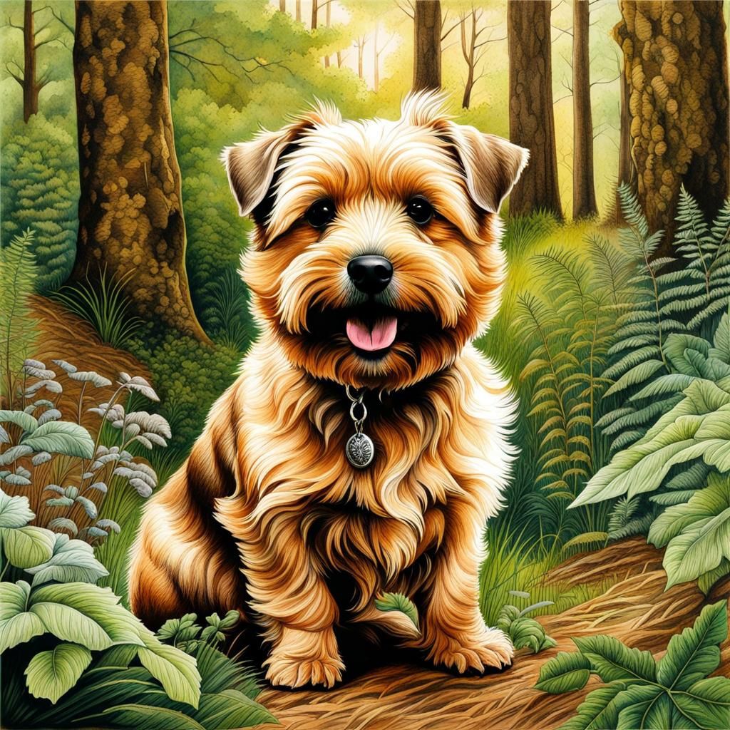 Norfolk Terrier in Woodland, Pencil and Ink Drawing