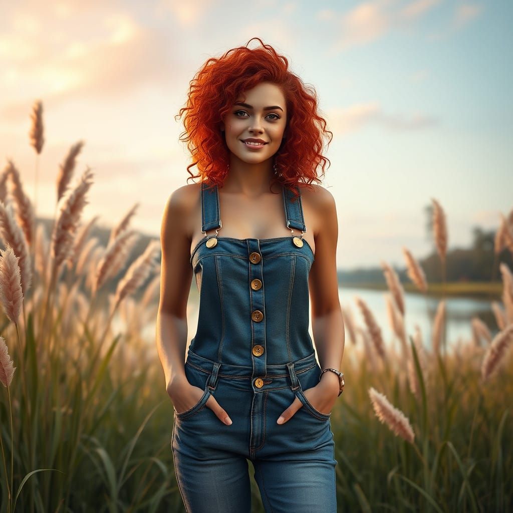 Confident Redhead in Idyllic Outdoor Setting with Serene Lak...