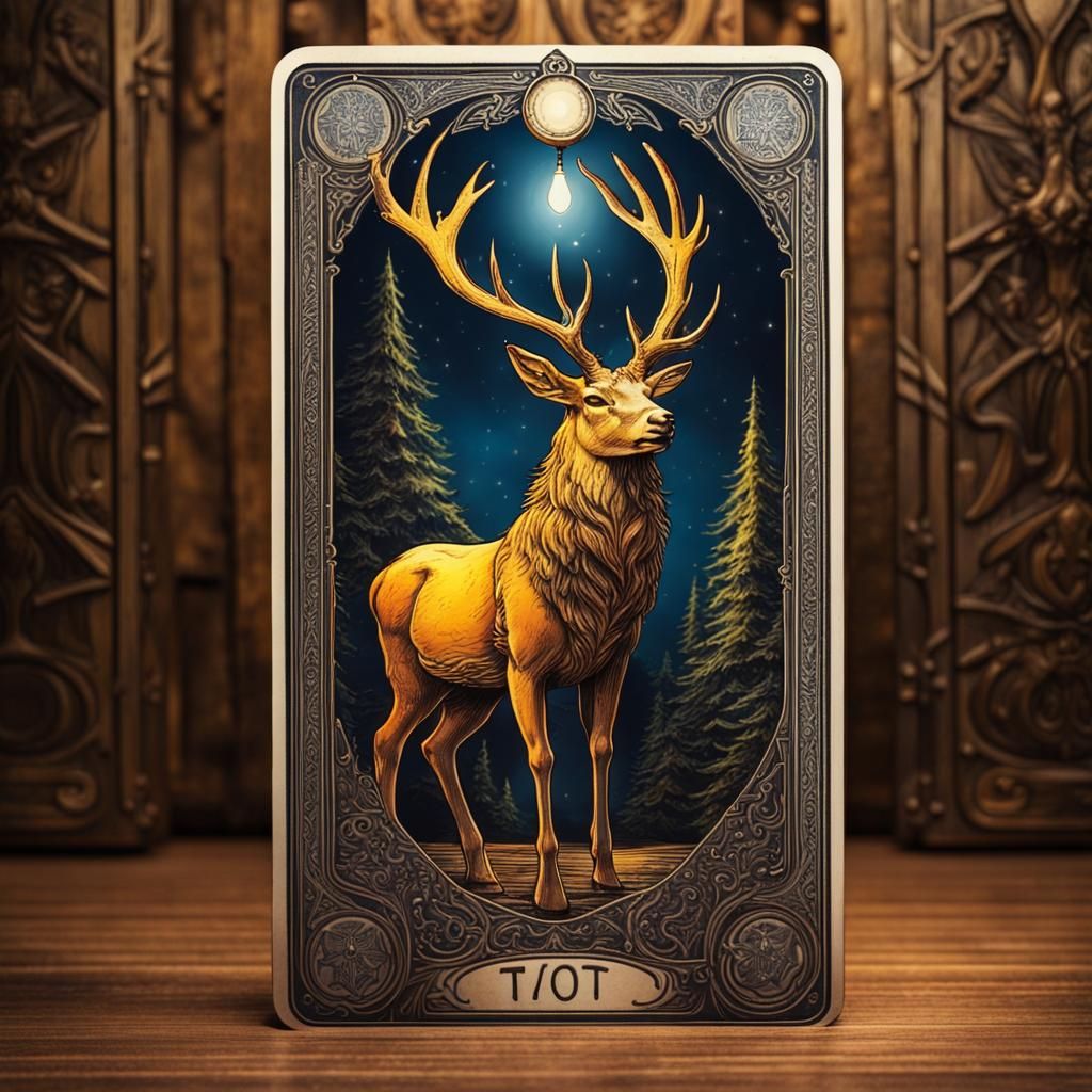 Mysterious Tarot Card with Stag and Death Motifs