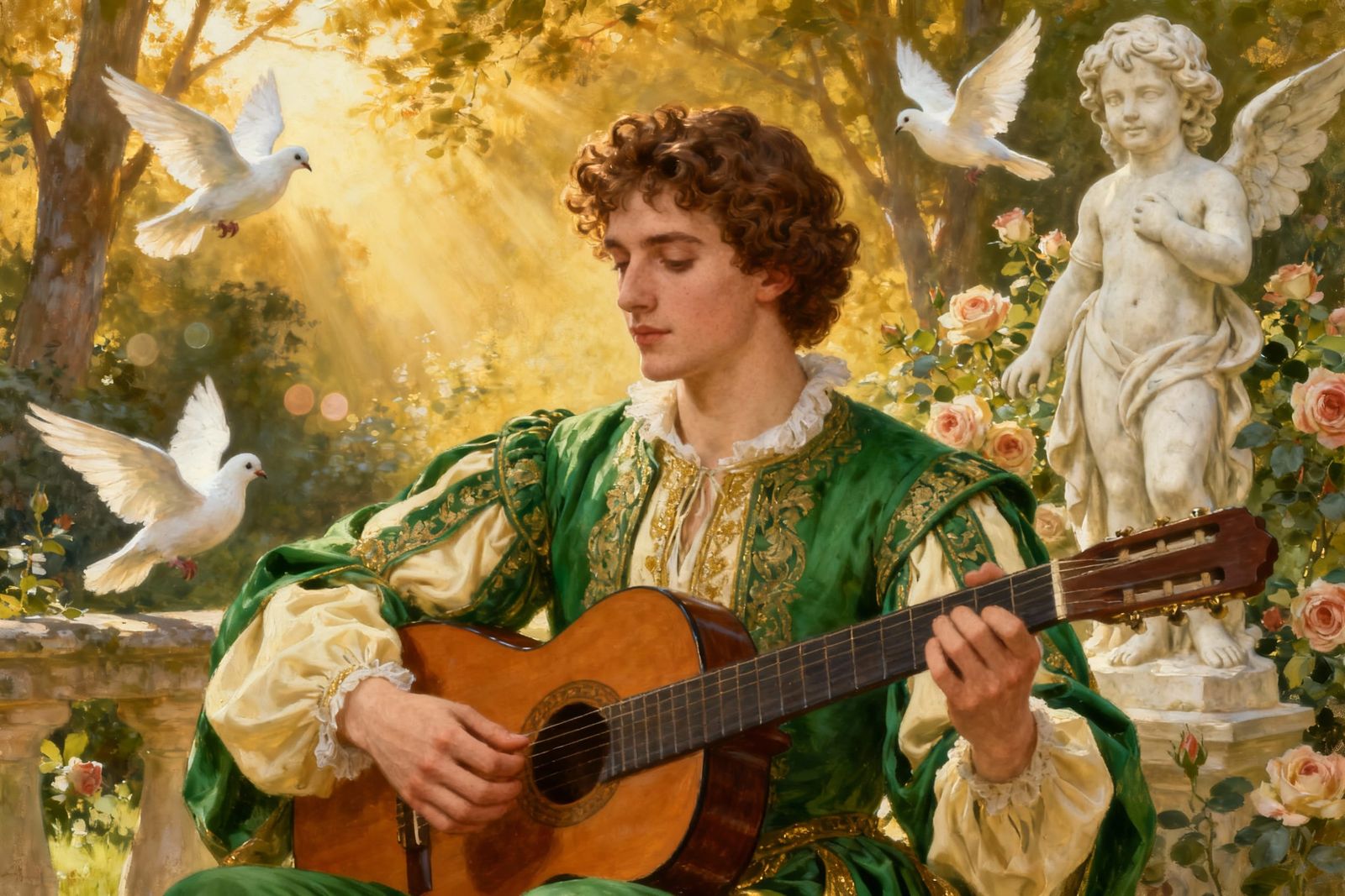 Renaissance Musician in Sunlit Garden with Doves