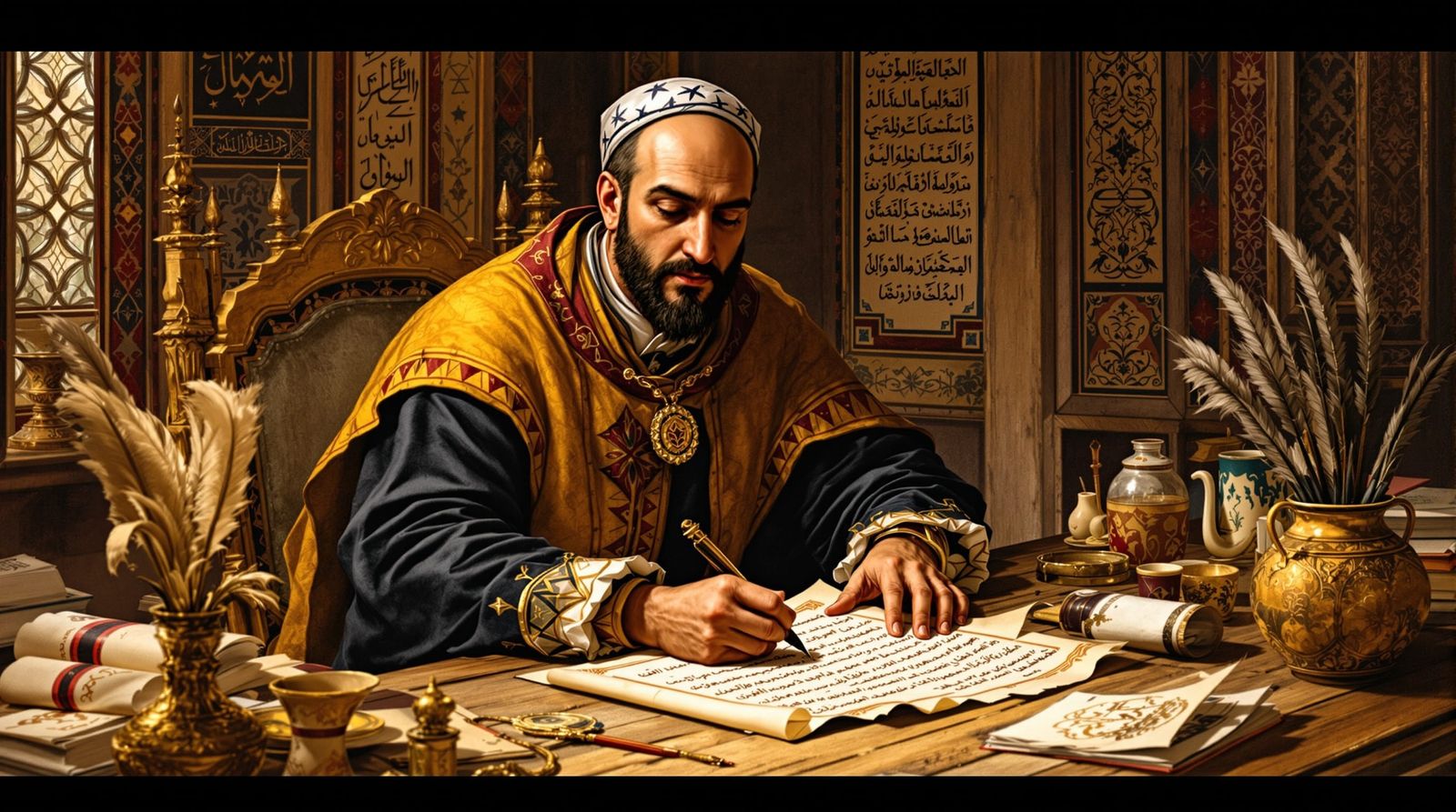 Al-Razi Writes Kitab al-Hawi in Medieval Illumination Style